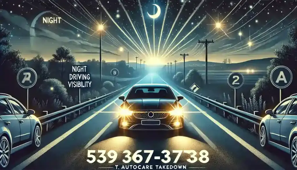 Nighttime driving scene with clear visibility due to effective headlights, showcasing a road with visible signs and markings, under a starry sky. Business name 'T Autocare Takedown' and phone number '(539) 367-3738' displayed in the corner.