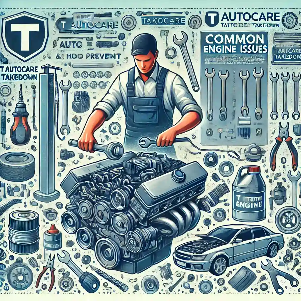 Mechanic working on a car engine surrounded by tools and car parts at T Autocare Takedown auto repair shop.