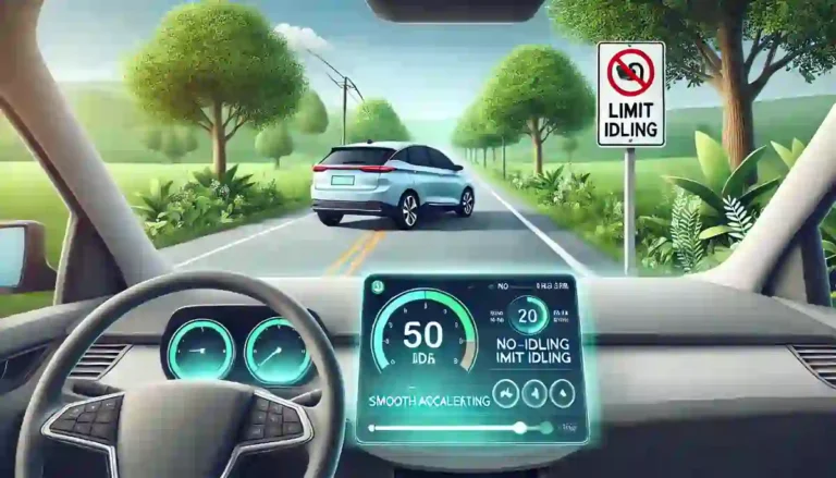 Eco-friendly driving scene showing a car on a smooth road with light traffic