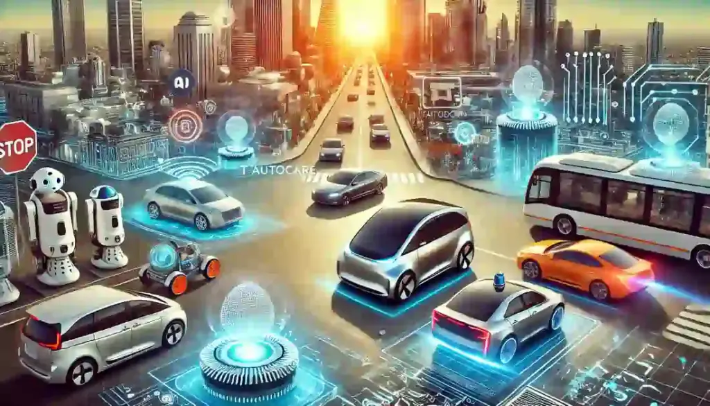 A detailed image showcasing the future of autonomous vehicles in a futuristic cityscape. The scene includes autonomous electric vehicles, robo-taxis, and shuttles on the road, with visible sensors and AI elements.