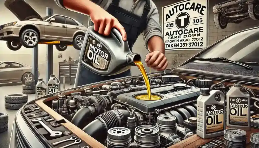 Mechanic pouring high-quality motor oil into a car engine in a clean and organized auto repair shop with a sign reading 'T Autocare Takedown'