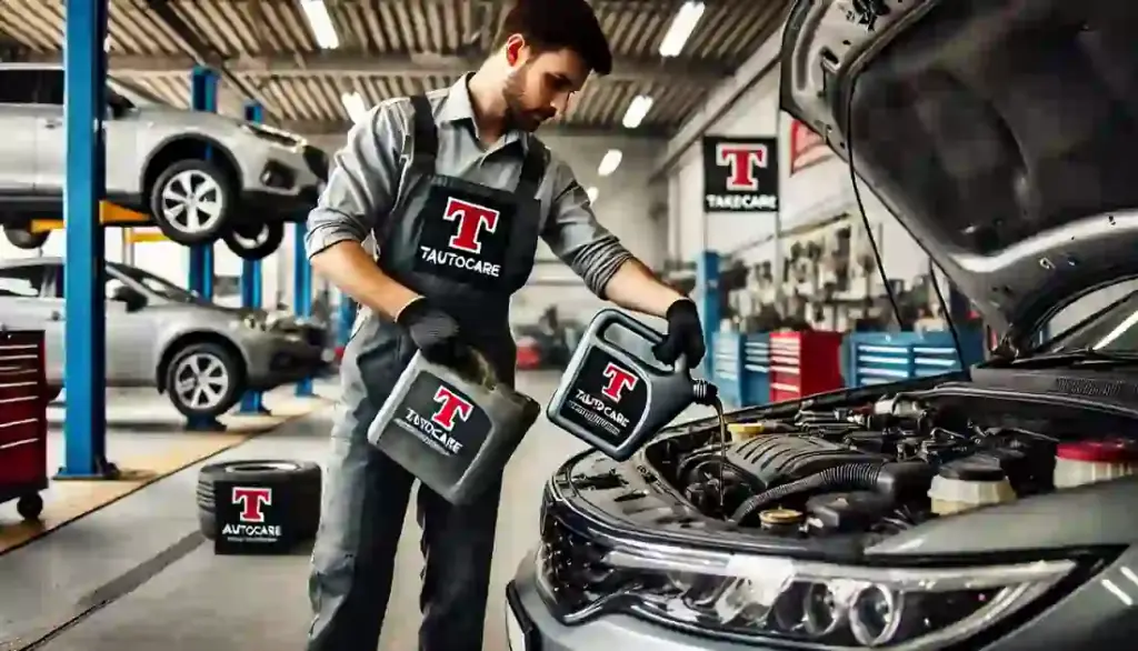 A mechanic at an auto repair shop performing a synthetic motor oil change on a car, with additional cars and equipment visible in the background.