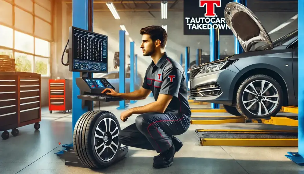 A professional mechanic in a modern auto repair shop adjusting the wheel alignment of a car using advanced computerized equipment.