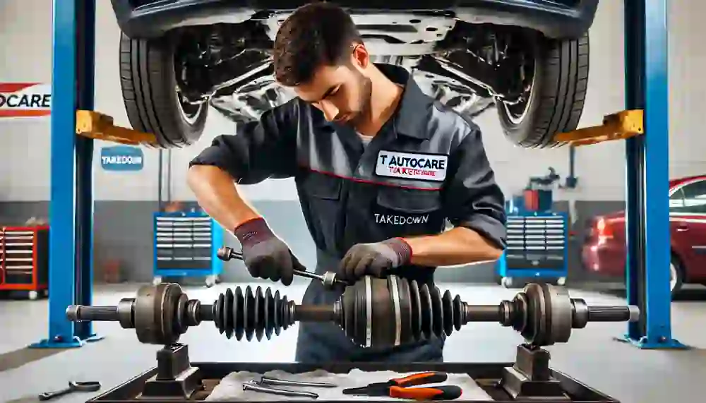 Mechanic at T Autocare Takedown replacing a CV axle, using specialized tools in a well-equipped auto repair shop.