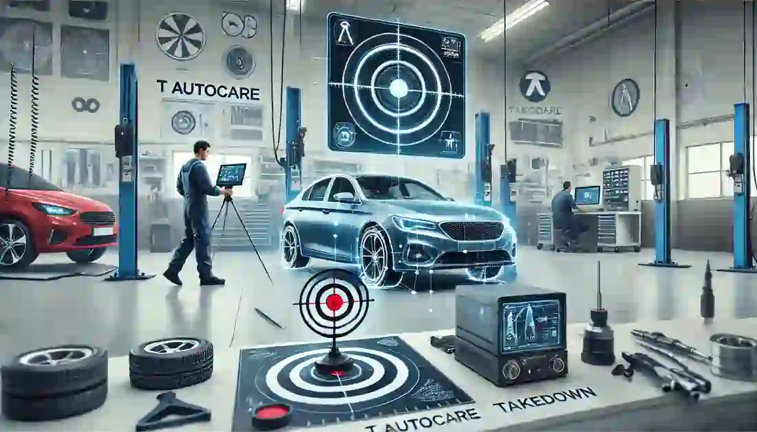 A mechanic calibrating a car's ADAS (Advanced Driver-Assistance Systems) in a clean and organized auto repair shop, with calibration tools and targets set up in front of the vehicle. The scene includes various diagnostic equipment and tools, with the T Autocare Takedown logo visible