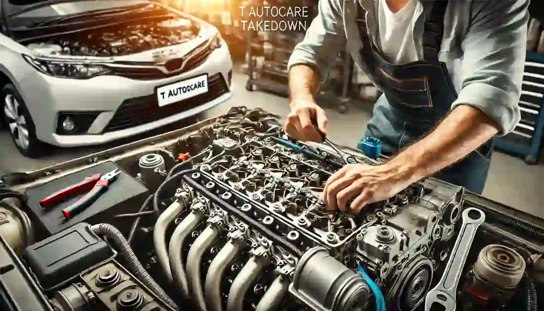 Mechanic inspecting and repairing an engine in a professional auto repair shop with the text 'T Autocare Takedown' prominently displayed.