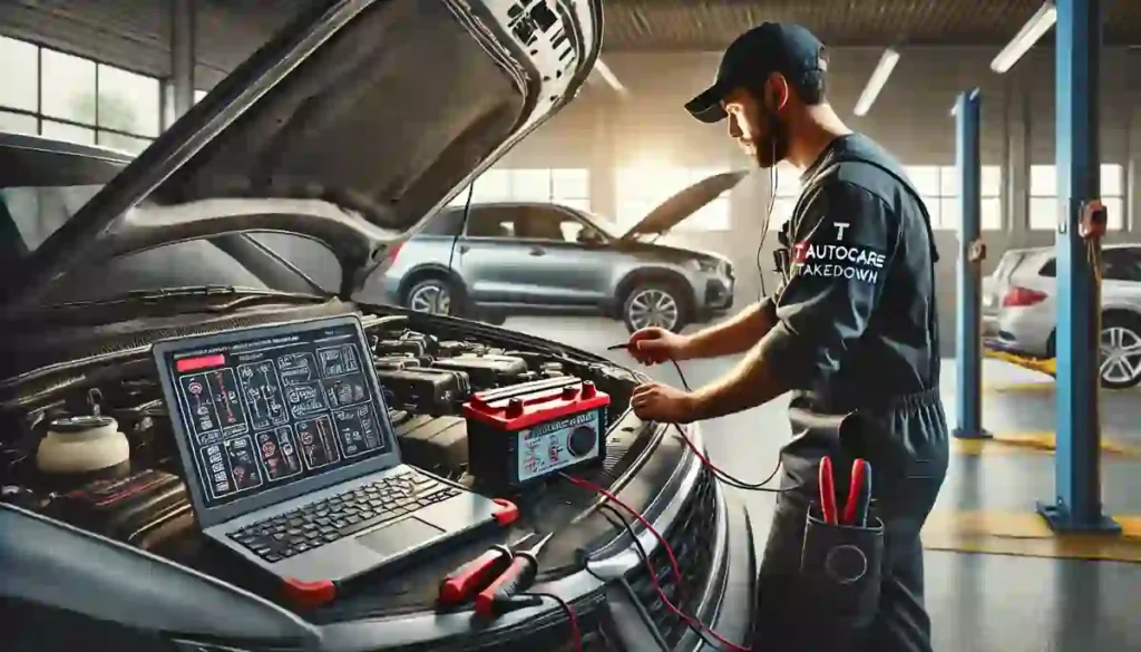 Mechanic using a multimeter to test a car battery in a professional, well-lit garage. A laptop sits on top of the engine bay with diagnostic tools connected to the vehicle. T Autocare Takedown branding is visible on the mechanic's uniform and tool cart. The scene highlights precision electrical diagnostics in an organized workspace.