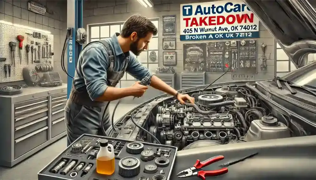 Mechanic inspecting a fuel pump in a car engine inside a clean and organized auto repair shop with a sign reading 'T Autocare Takedown' and the address and phone number.