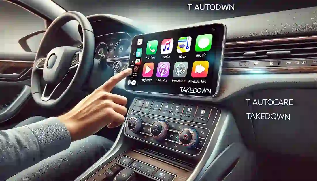 A modern car's infotainment system in use, featuring a central touchscreen display with various apps and functionalities visible, such as navigation, music, and smartphone integration (Apple CarPlay or Android Auto), in a clean and organized car interior.