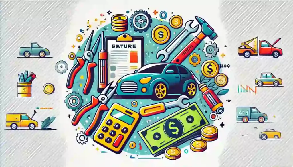 Bright, cartoon-like illustration featuring a car, tools, money, and a calculator, representing budgeting for car repairs and maintenance.