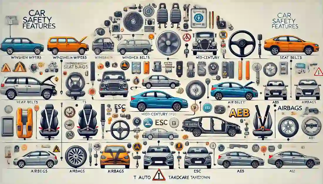 image showcasing the evolution of car safety features, including early features like windshield wipers and seatbelts, mid-century advancements like airbags and ABS, and modern innovations like ESC and AEB. The image includes the T Autocare Takedown logo