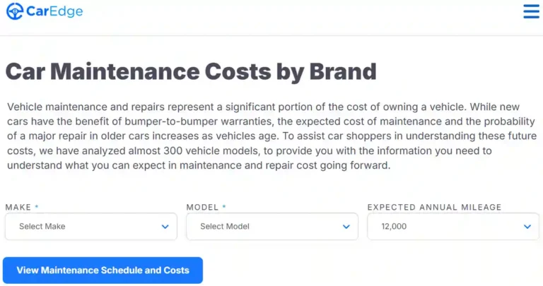 Screenshot of CarEdge's car maintenance cost calculator showing options to select vehicle make, model, and annual mileage.