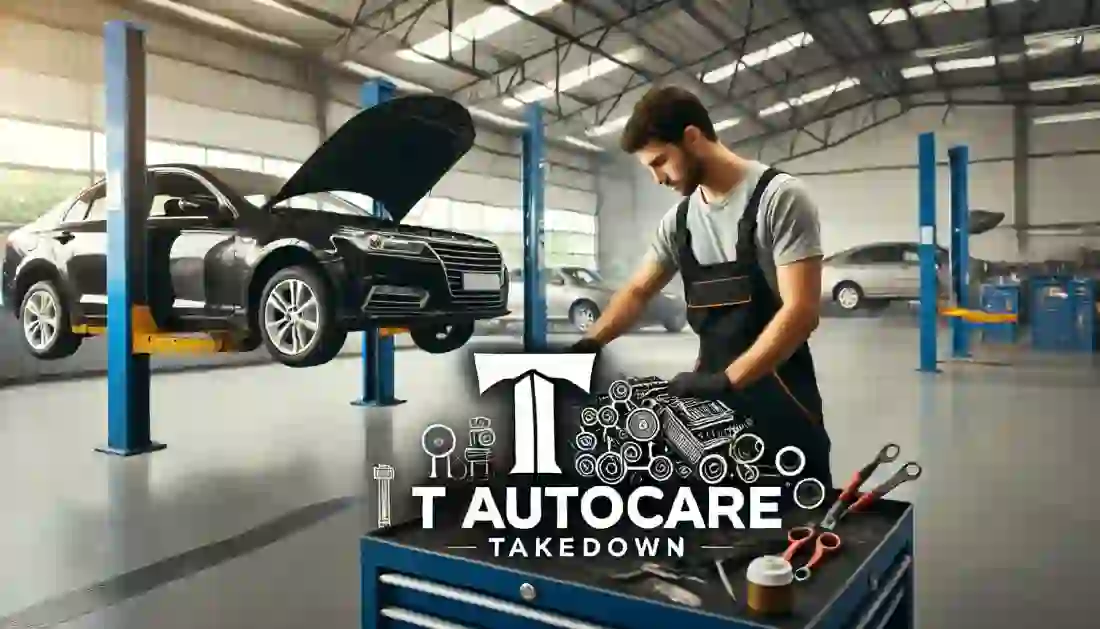 A professional mechanic in an auto repair shop working on an engine, with the T Autocare Takedown logo. The shop is clean and well-organized with various tools and car parts visible. A car is lifted on a hydraulic lift in the background.