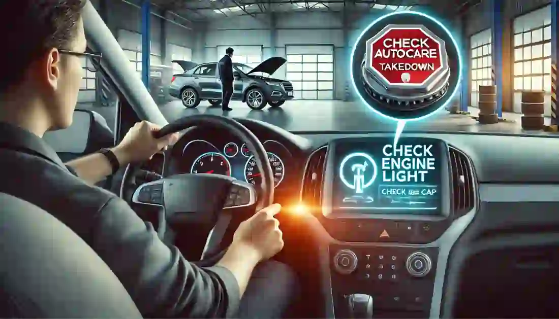 A driver in a car with the check engine light on the dashboard. The T Autocare Takedown logo is visible in the background, with a clean and organized auto repair shop environment.