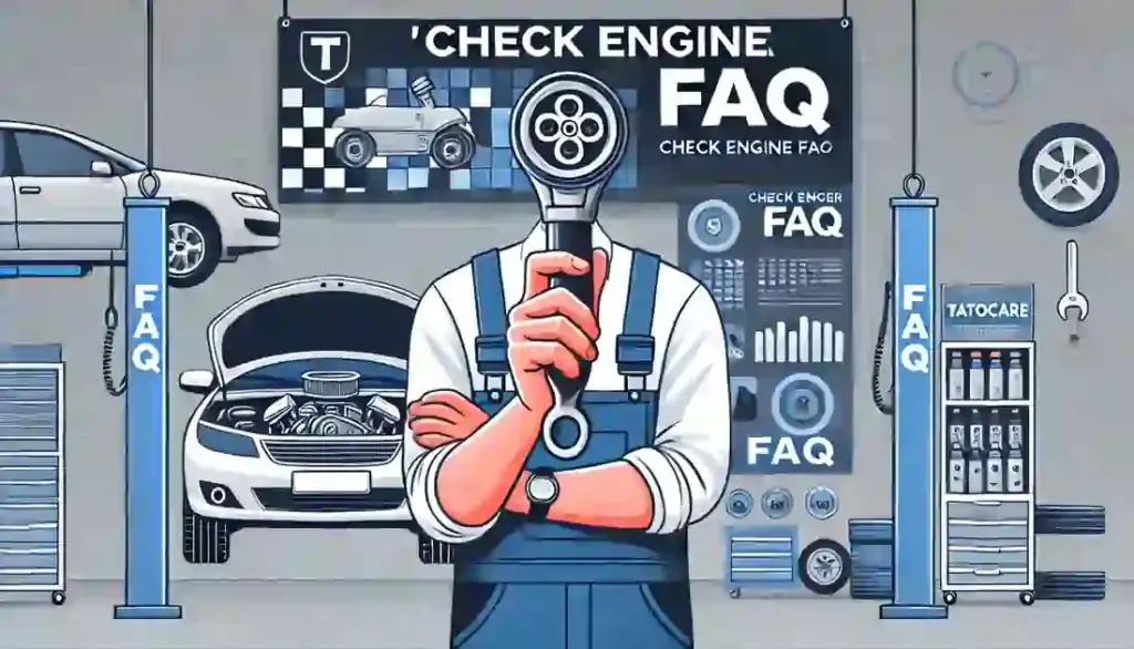 Mechanic holding a diagnostic tool in an auto repair shop with a car in the background and 'Check Engine FAQ' prominently displayed.