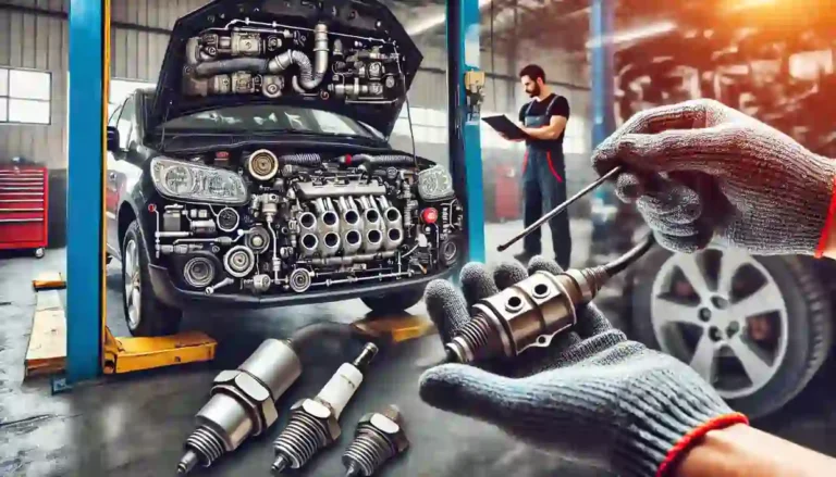 Mechanic inspecting a car’s engine in a spacious garage, focusing on worn-out parts