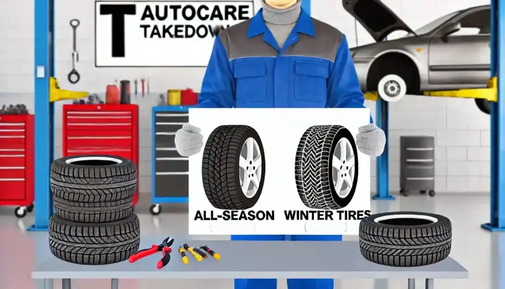 Mechanic showcasing the difference between all-season and winter tires in a clean and organized auto repair shop