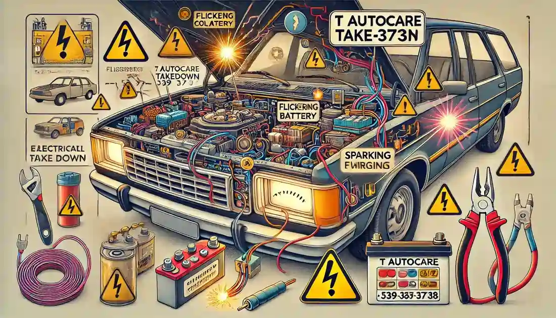 Illustration showing common electrical problems in vehicles, including a flickering dashboard light, corroded car battery, sparking fuse box, and frayed wiring, with the text "T Autocare Takedown" and the phone number "(539) 367-3738