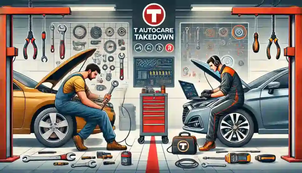 Comparison between an auto technician and a mechanic. The left side shows a mechanic using traditional tools on an engine, and the right side shows a technician using diagnostic tools and a laptop in a modern auto repair shop.