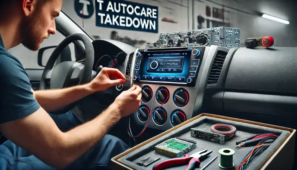 Person installing a modern car stereo with a large screen in a clean and organized vehicle, with tools and equipment around and a sign reading 'T Autocare Takedown'.