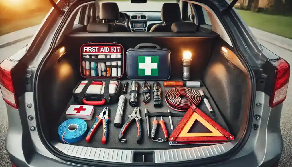 A well-organized car emergency kit in the trunk of a car, including a first aid kit, jumper cables, flashlight, reflective triangles, and basic tools.