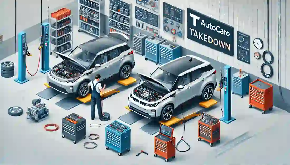 A detailed image of a mechanic working on both a hybrid and an electric vehicle in a clean and organized auto repair shop, inspecting a hybrid engine and an electric vehicle battery, with various tools and diagnostic equipment visible around the shop. The T Autocare Takedown logo is clearly visible