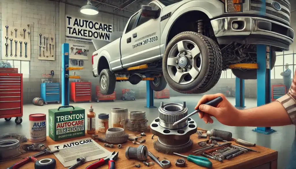 Mechanic at T Autocare Takedown in Broken Arrow removing a wheel bearing assembly from a ford f150 truck in a clean and organized auto repair shop.