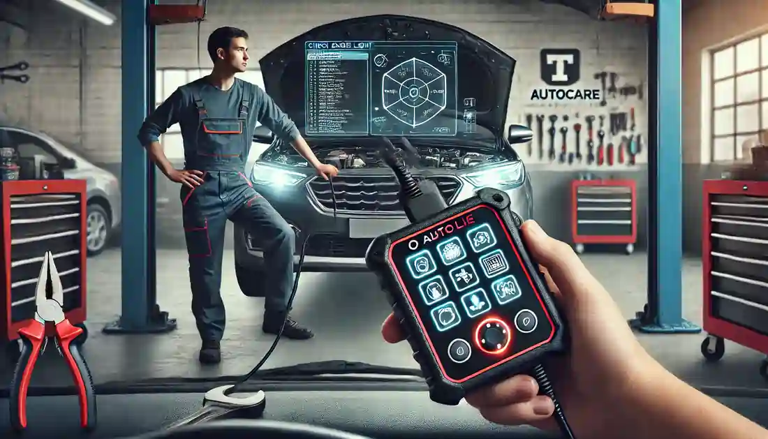 Mechanic diagnosing a car's check engine light in an auto repair shop using an OBD-II scanner connected to a modern car dashboard. The scene includes tools and equipment in the background, conveying a professional and knowledgeable environment with the T Autocare Takedown logo