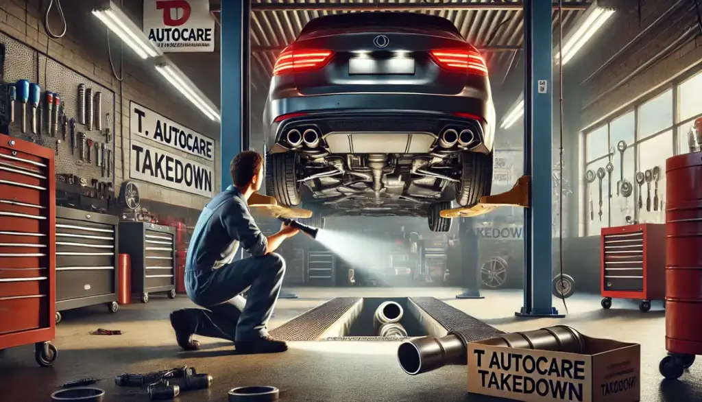 Mechanic inspecting a car's exhaust system in a clean and well-equipped auto repair shop with a sign reading 'T Autocare Takedown' and the address and phone number.