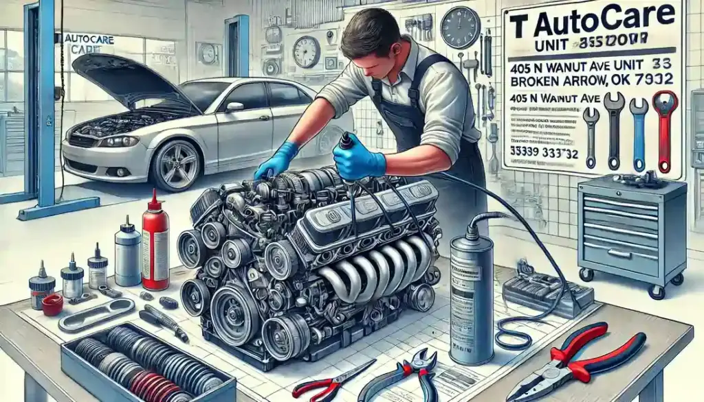 Mechanic performing a compression test on a car engine in a clean and organized auto repair shop with a sign reading 'T Autocare Takedown' and the address and phone number.