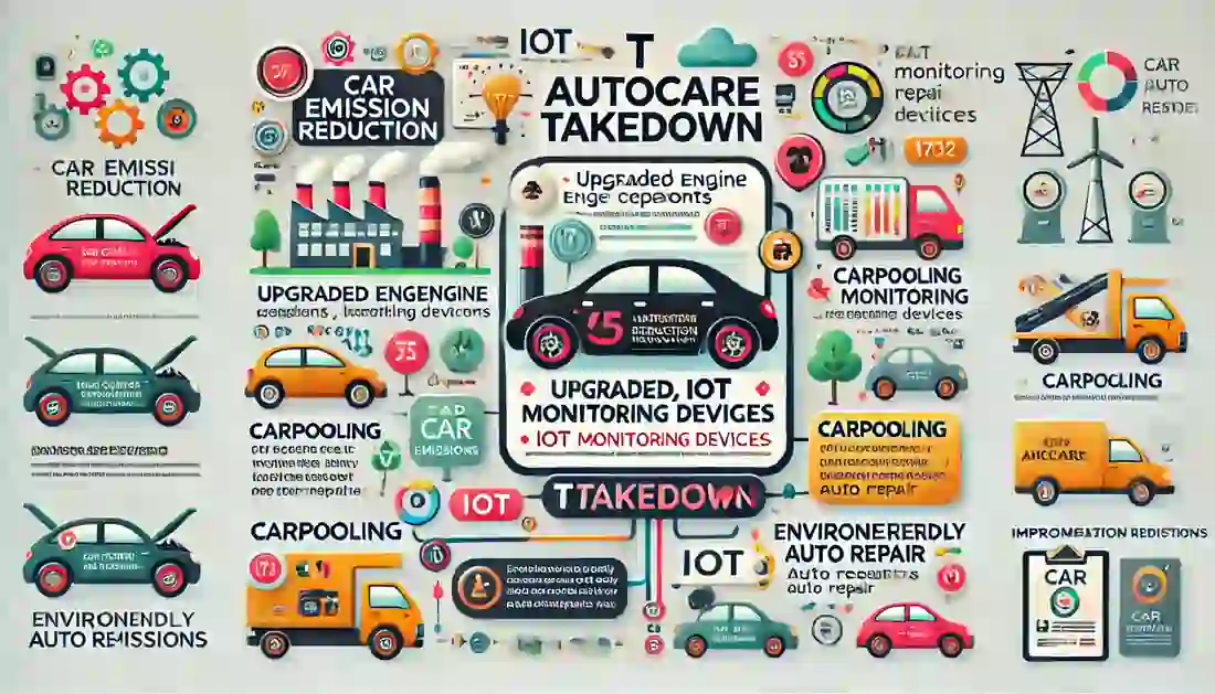 Infographic highlighting car emission reduction techniques, featuring upgraded engine components, IoT monitoring devices, carpooling, and eco-friendly auto repair practices, with the text 'T Autocare Takedown' prominently displayed.