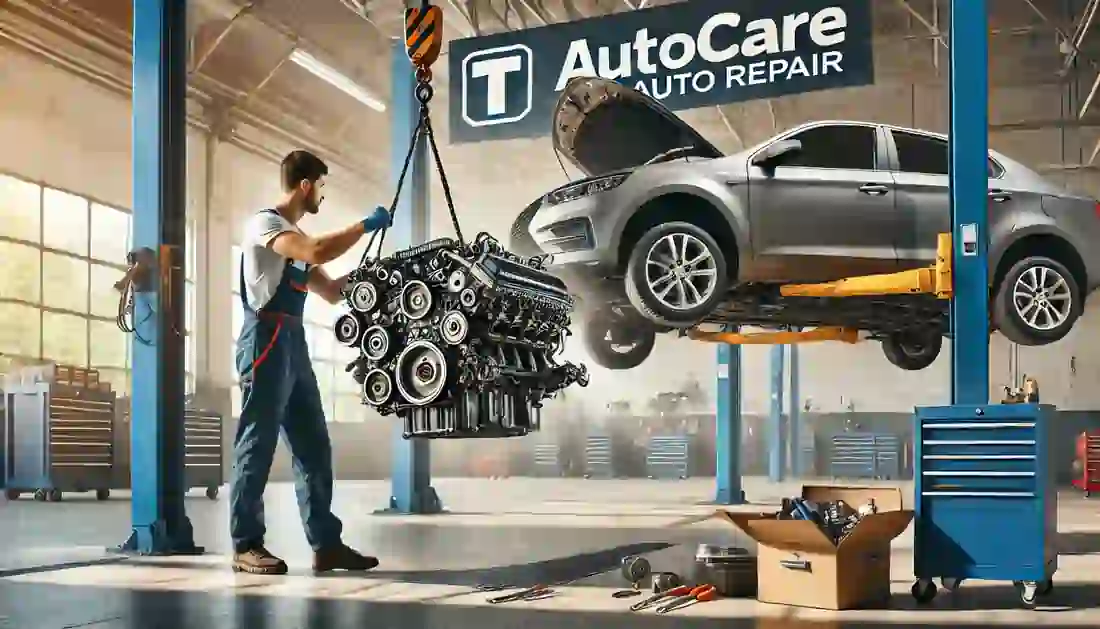 Mechanic pulling an engine with an engine hoist in a modern auto repair shop. The workspace is clean and organized with tools and parts around. The branding for T Autocare Takedown Auto Repair in Broken Arrow, showcasing professionalism and expertise