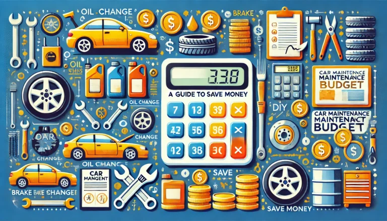 Illustration of car maintenance budgeting tips with icons for oil change, brake replacement, and tire rotation costs, alongside a calculator, coins, and DIY toolkit