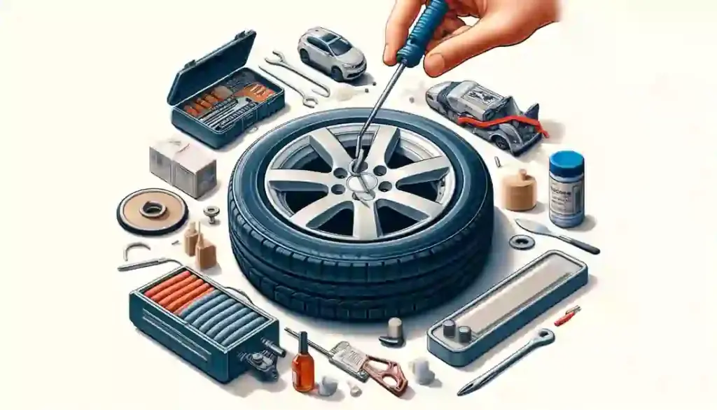 Close-up of a person using a tire patch kit to repair a punctured car tire in a clean and organized setting.