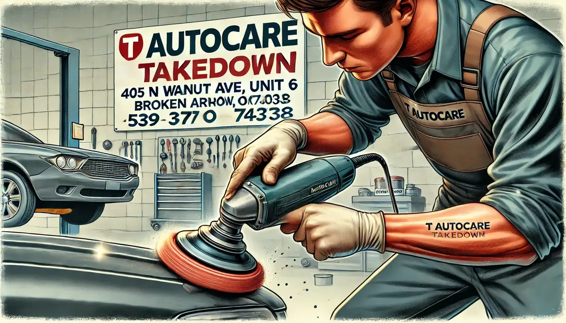 Mechanic using a buffing tool to remove scratches from a car’s paint in a clean and organized auto repair shop with a sign reading 'T Autocare Takedown' and the address and phone number.