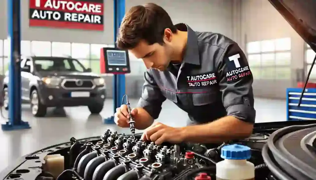 A mechanic in a well-lit auto repair shop branded as T Autocare Takedown Auto Repair in Broken Arrow, carefully working on the top of an engine to replace a fuel injector. The mechanic is in uniform with the T Autocare Takedown logo, surrounded by tools and diagnostic equipment.