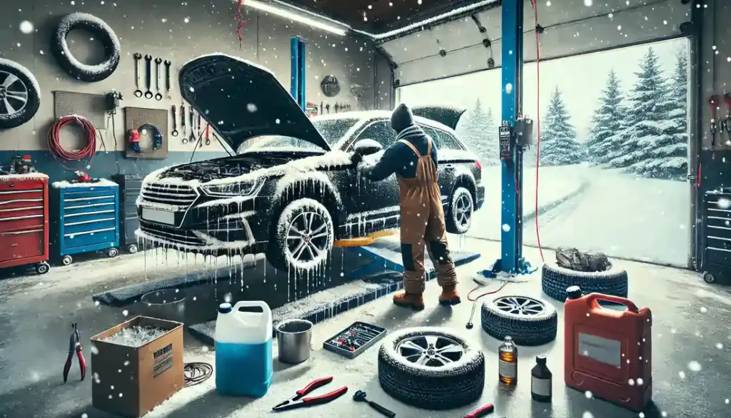 Mechanic in a garage winterizing a car, checking fluids, inspecting tires, and replacing wiper blades, with snow visible outside.