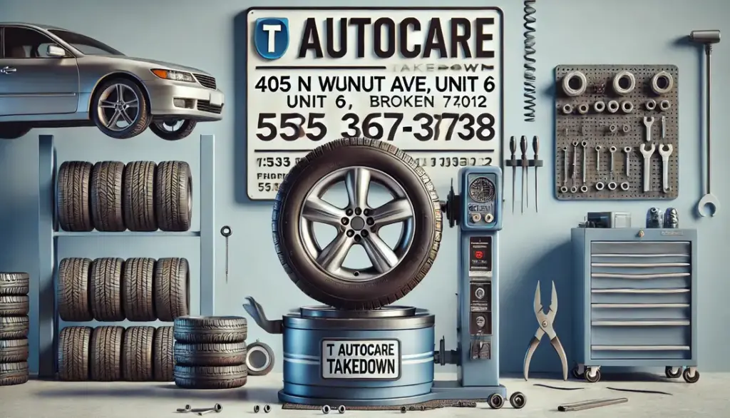 Tire balancing machine in a clean and organized auto repair shop with a sign reading 'T Autocare Takedown' and the address and phone number.