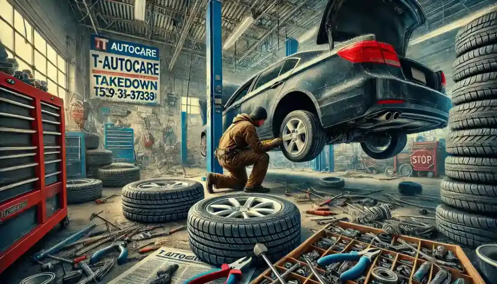 Mechanic rotating car tires at T Autocare Takedown auto repair shop