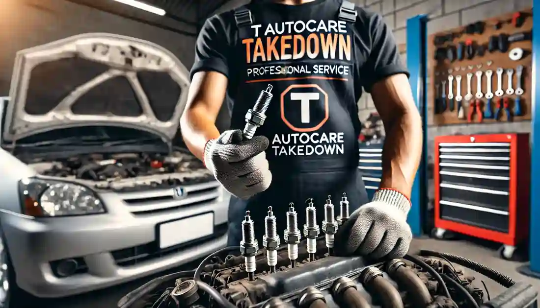 A mechanic wearing a T Autocare Takedown shirt holding a spark plug in an auto repair shop. The engine is open, with various car parts and tools visible in the background. The shop is well-lit and organized.