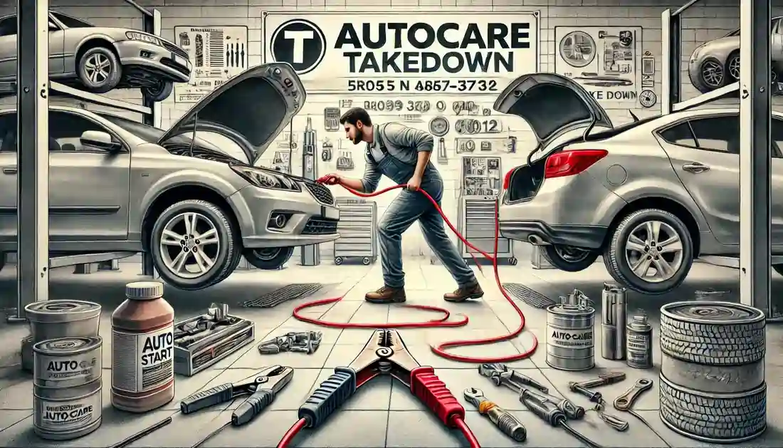 Mechanic jump-starting a car in a clean and organized auto repair shop with a sign reading 'T Autocare Takedown' and the address and phone number.