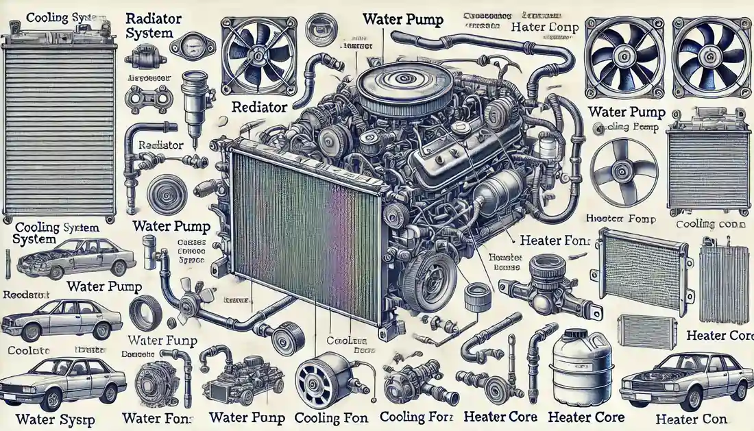 Detailed illustration of a car's cooling system with labeled components such as the radiator, water pump, thermostat, cooling fans, heater core, and radiator hoses. The image includes the text 'T Autocare Takedown'.