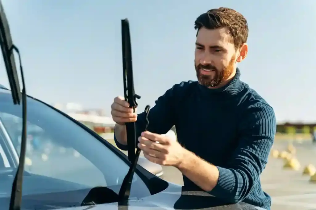 Male auto owner checking windshield wiper at the street.