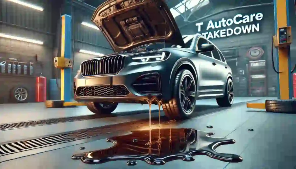 A realistic image of a modern car with an oil leak in a well-lit garage. The oil is visibly pooling underneath the engine, creating concern about potential vehicle issues. The garage features subtle 'T Autocare Takedown' branding on the wall in the background.