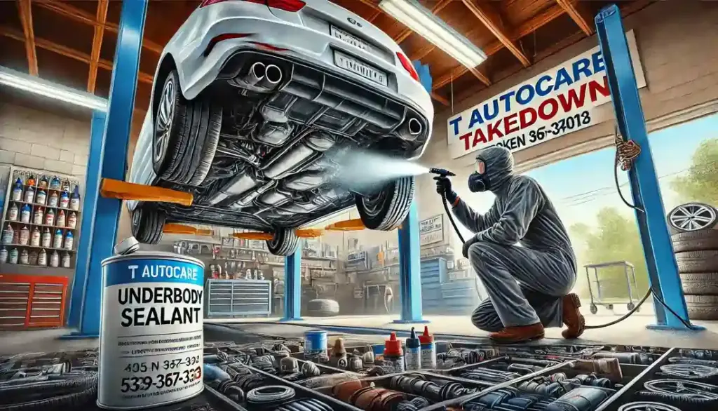 Mechanic applying underbody sealant to a vehicle in a clean and organized auto repair shop with a sign reading 'T Autocare Takedown' and the address and phone number.