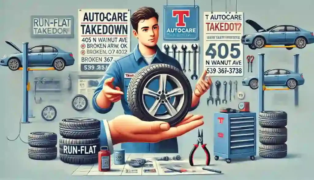 Mechanic explaining the pros and cons of run-flat tires to a customer in a clean and organized auto repair shop with a sign reading 'T Autocare Takedown'