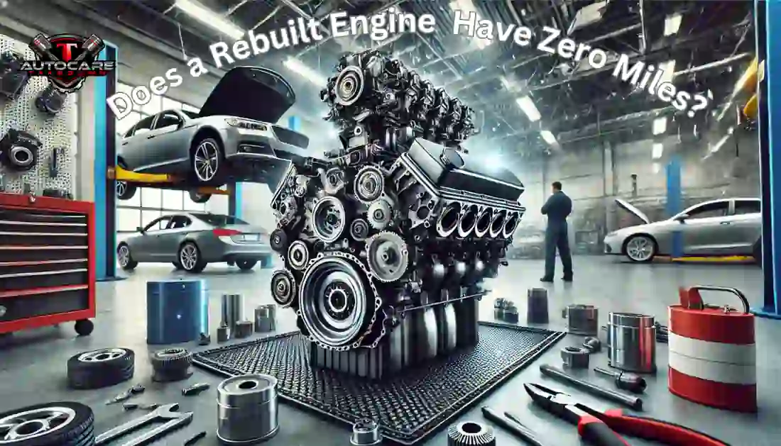 Image of a rebuilt engine in an auto repair shop with tools and cars in the background.