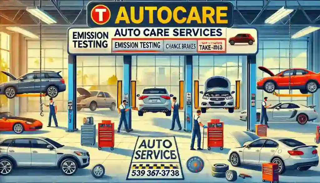 Friendly auto repair shop environment at T AutoCare Takedown in Broken Arrow, showing mechanics performing various tasks such as checking engine lights, changing oil, replacing brakes, and conducting emission tests. The image includes signs for 'Emission Testing' and 'Auto Care Services' with the contact number (539) 367-3738