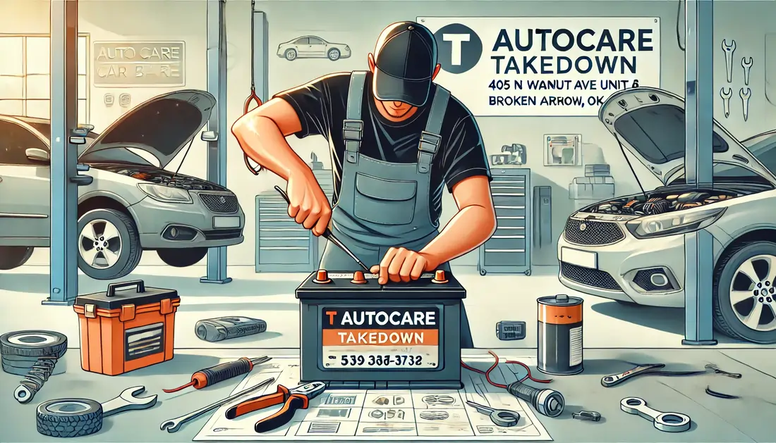 Mechanic replacing a car battery in a clean and organized auto repair shop with a sign reading 'T Autocare Takedown'