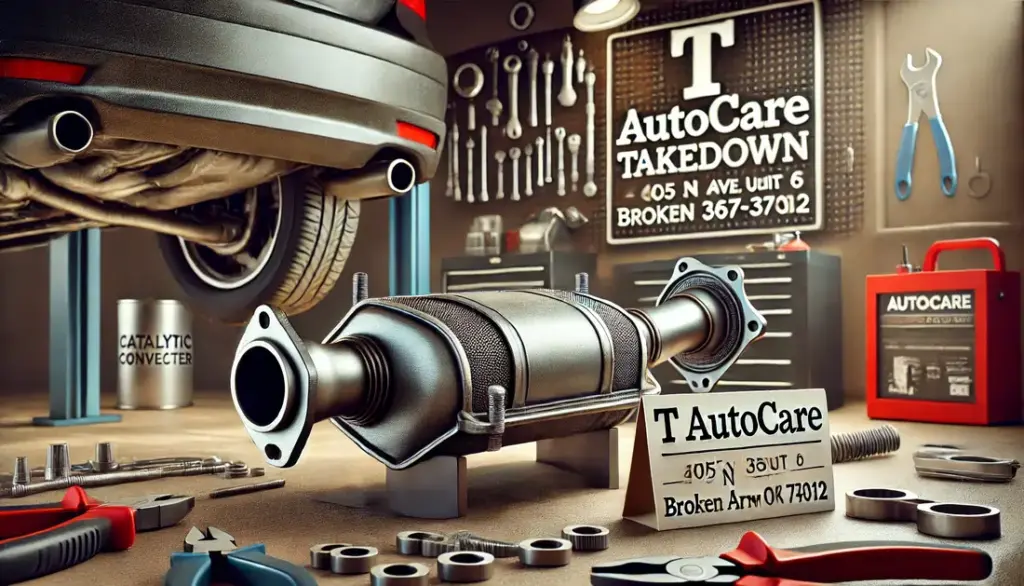 Catalytic converter connected to a vehicle's exhaust system in a clean and organized auto repair shop with a sign reading 'T Autocare Takedown' and the address and phone number.